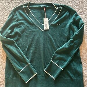 Vineyard Vines Green V-Neck Sweater with White Trim